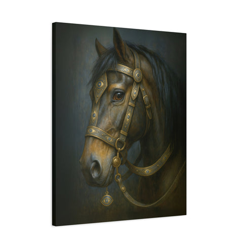 A rectangular, vertical matte canvas print depicting a classical, painterly portrait of a horse's head in profile. The horse is a deep, dark brown with a flowing black mane. It is adorned with an ornate and intricate bridle made of dark leather and burnished gold metal plates, featuring detailed scrollwork. A small, eye-shaped charm with a blue center dangles from the bridle near the horse's cheek. The lighting is dramatic chiaroscuro, with a soft light illuminating the horse's face.